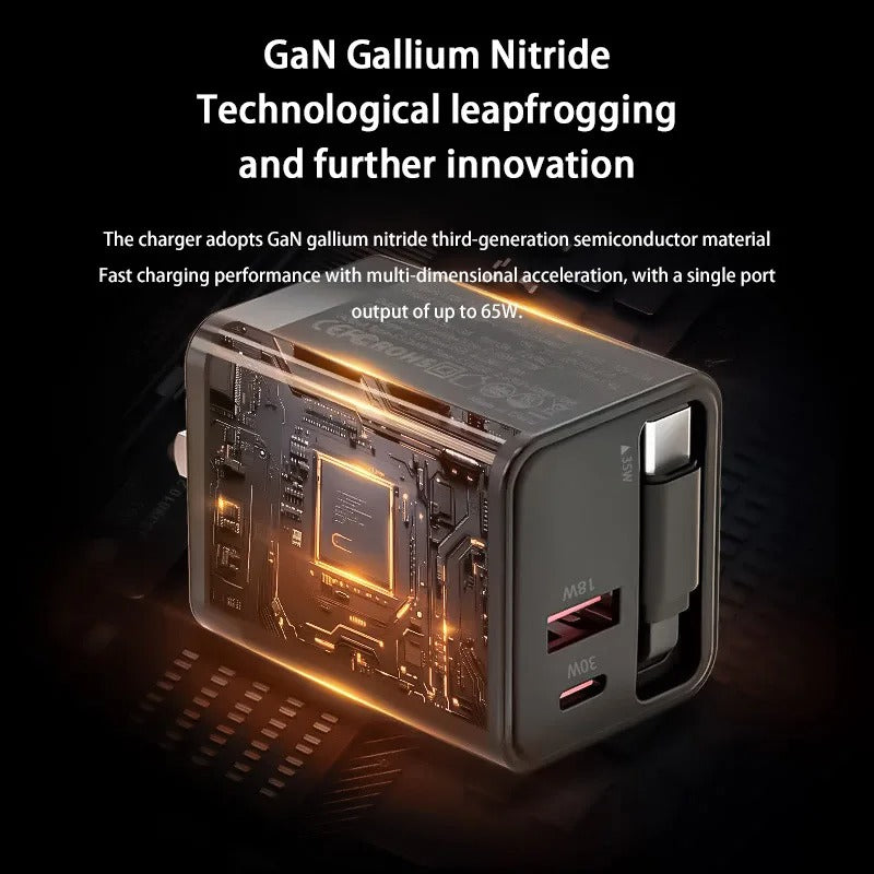 65W GaN 3 In 1 Charging Head Built-in Retractable Type-C Cable EU/US/UK Plug USB-C Fast Charger For iPhone Huawei Samsung Xiaomi - Buglass