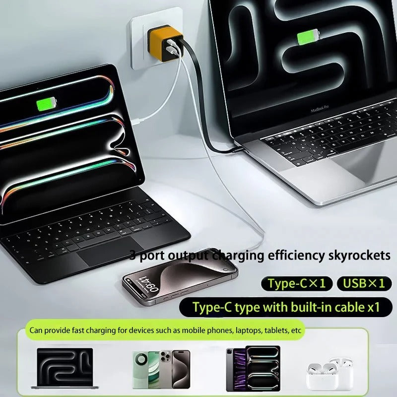 65W GaN 3 In 1 Charging Head Built-in Retractable Type-C Cable EU/US/UK Plug USB-C Fast Charger For iPhone Huawei Samsung Xiaomi - Buglass