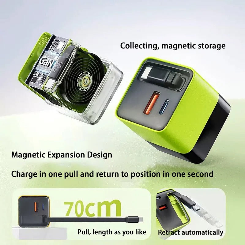 65W GaN 3 In 1 Charging Head Built-in Retractable Type-C Cable EU/US/UK Plug USB-C Fast Charger For iPhone Huawei Samsung Xiaomi - Buglass