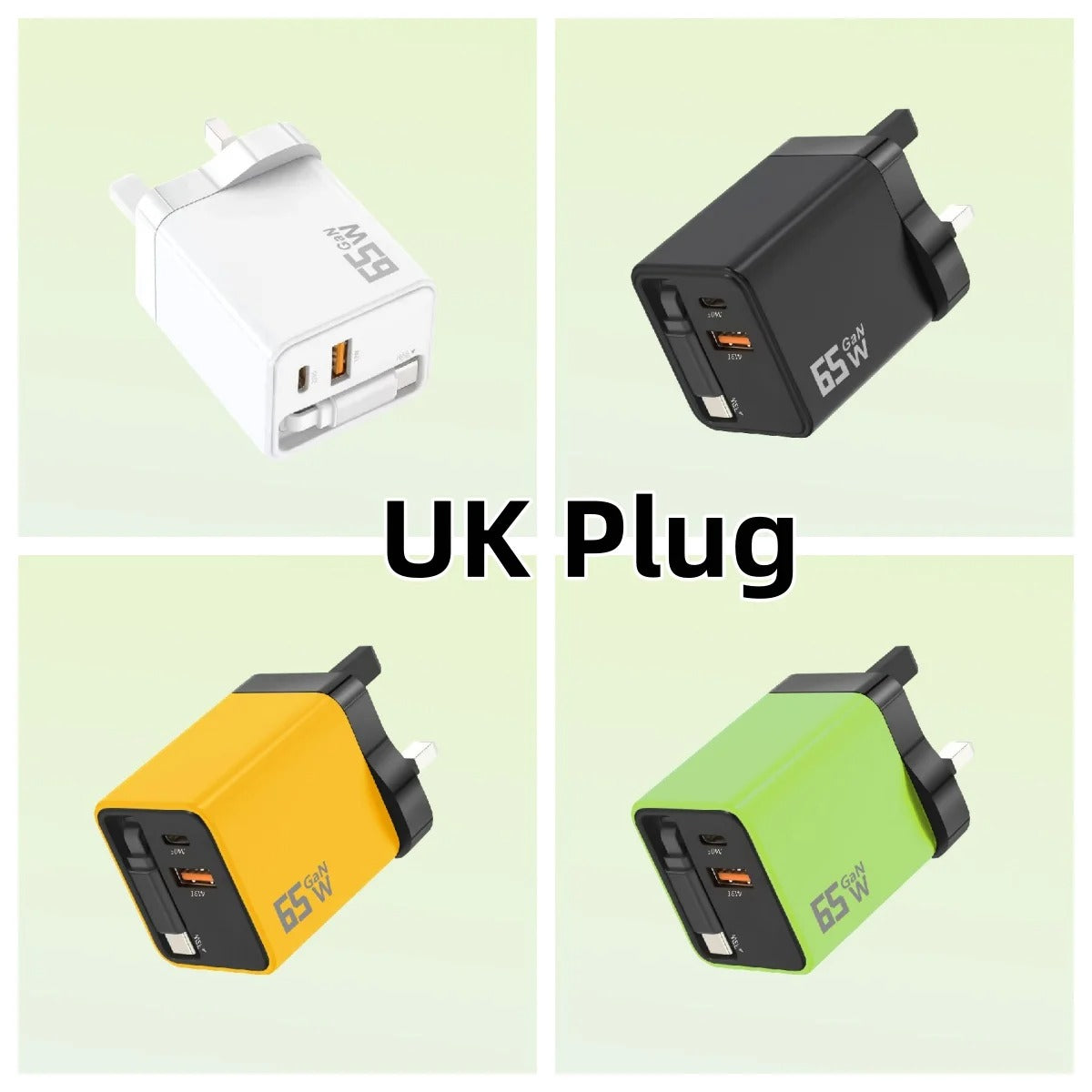 65W GaN 3 In 1 Charging Head Built-in Retractable Type-C Cable EU/US/UK Plug USB-C Fast Charger For iPhone Huawei Samsung Xiaomi - Buglass