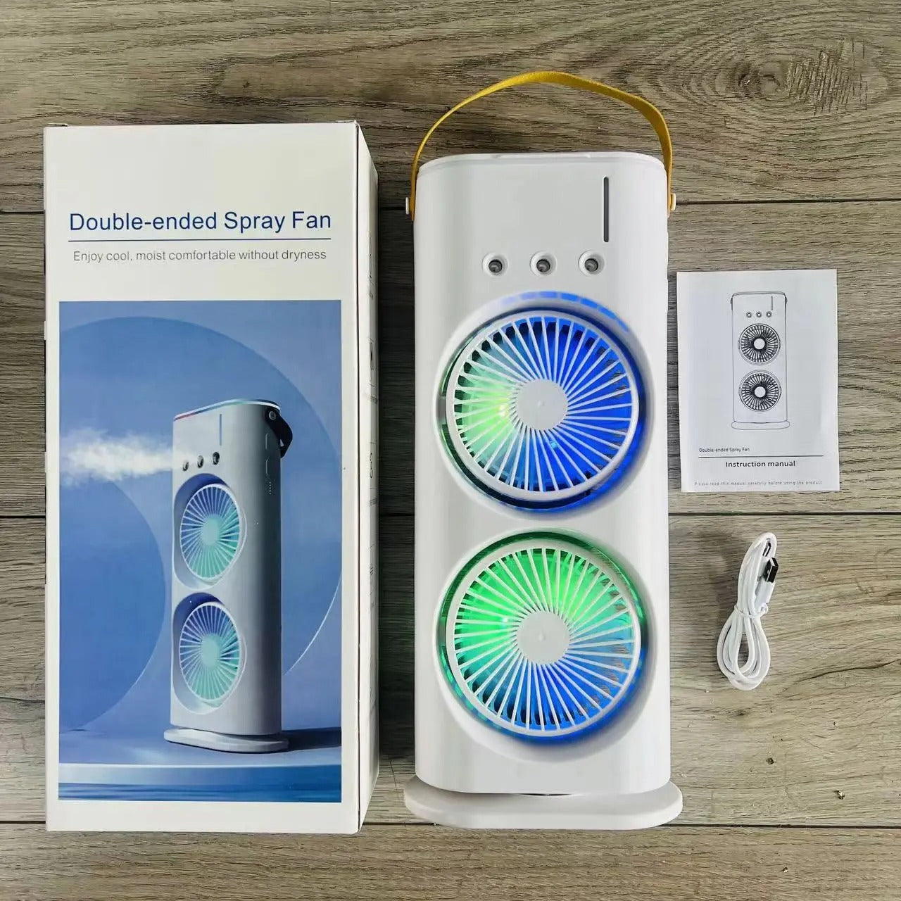 2 In 1 Dual Fan Three Hole Spray Humidification Fan Summer Office Home Air Cooling Fan With 7 Colorful Night Lights Humidifier