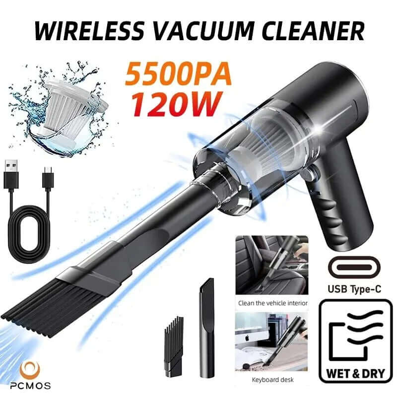 PCMOS 1PC Wireless Vacuum Cleaner Dual Use for Home and Car 120W High Power Powerful Vacuum Cleaner Black.