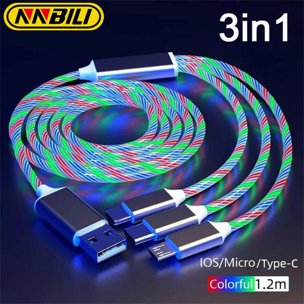 NNBILI Glowing LED Light USB 3 IN 1 cable Phone Fast Charging Charger Luminous Type C Cable For Xiaomi iPhone Phone Accessories.