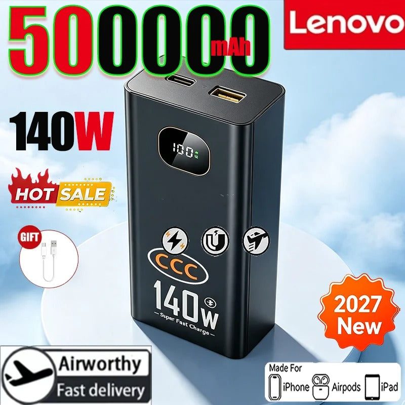 Lenovo 500000mAh Large Capacity 140W CCC Power Bank 2027 NEW Portable Super Fast Charging Battery Charger For Xiaomi iPhone
