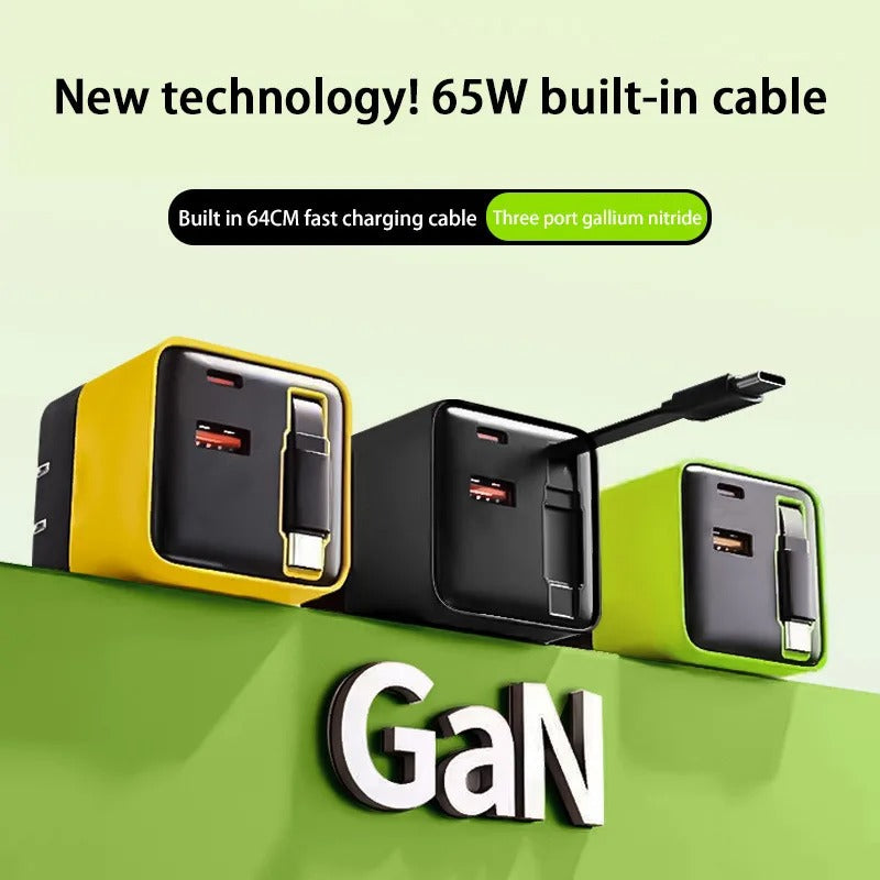 65W GaN Fast Charger Built-in Retractable Cable EU/US/UK Plug USB+2 Type-C 3 Ports Wall Charger For iPhone Huawei Samsung Xiaomi - Buglass