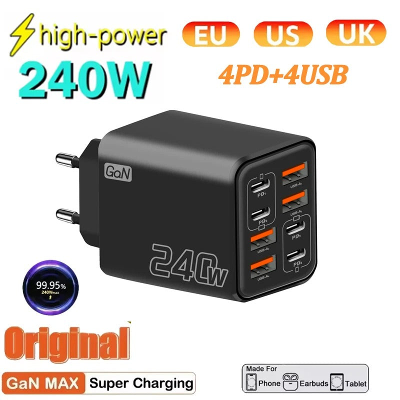 240W 8 Ports USB PD Phone Charger Super Fast Charging Adapter QC3.0 USB C Type C Mobile Phone Charger For iPhone Samsung Xiaomi