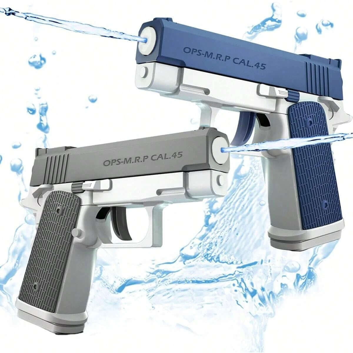 M1911 water guns in blue and gray, showcasing squirt action against a water splash background, perfect for summer fun.