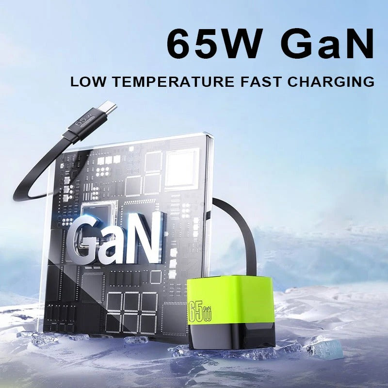 65W GaN Fast Charger Built-in Retractable Cable EU/US/UK Plug USB+2 Type-C 3 Ports Wall Charger For iPhone Huawei Samsung Xiaomi - Buglass