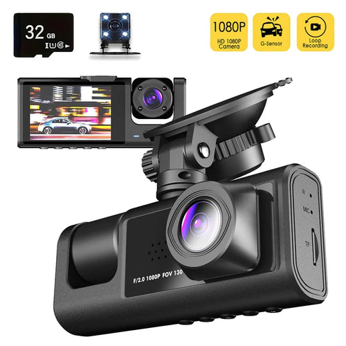 3 Channel Car Camera IR Night Vision 1080P 3-Lens Inside Vehicle Dashcam With 32GB Memory Card Loop Recording Car DVRs Camera - Buglass