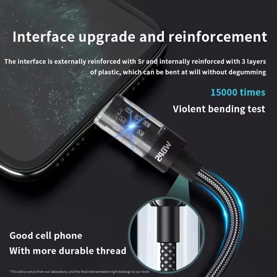 240W Nylon Cable USB Type C Super Fast Charging Cable For Samsung Xiaomi Huawei Honor LED Digital Display Fast Charger Data Cord - Buglass