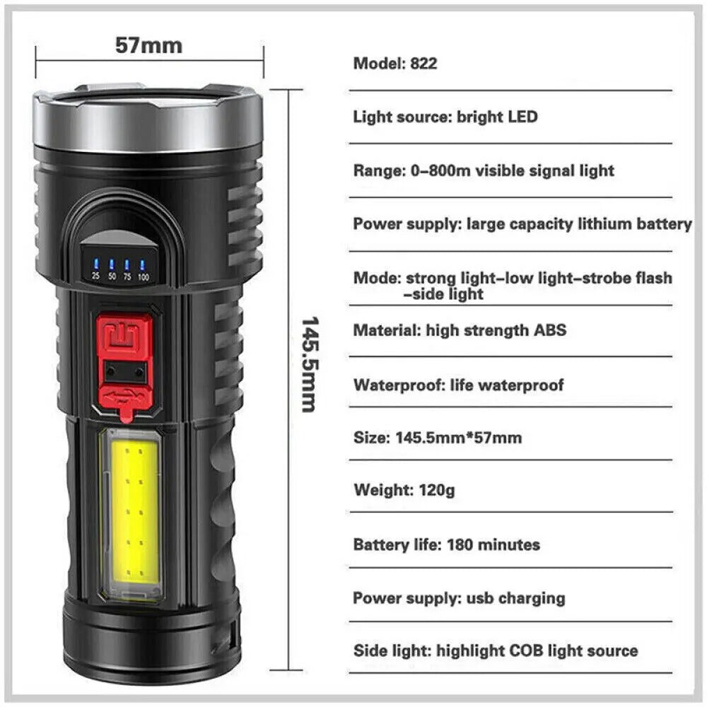 1/2pcs High Strong Power Led Flashlights Tactical Torch with Display Light USB Charging Camping Fishing Emergency Zoom Lantern - Buglass