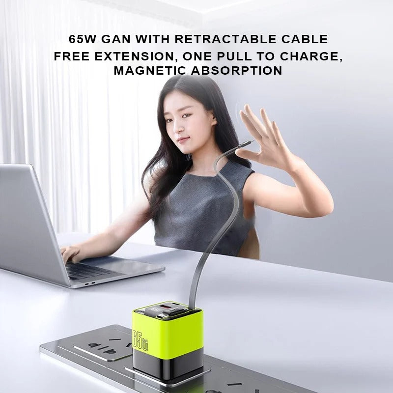 65W GaN Fast Charger Built-in Retractable Cable EU/US/UK Plug USB+2 Type-C 3 Ports Wall Charger For iPhone Huawei Samsung Xiaomi - Buglass