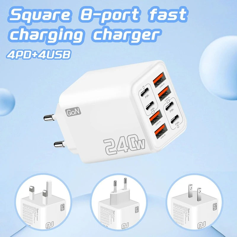 240W 8 Ports USB PD Phone Charger Super Fast Charging Adapter QC3.0 USB C Type C Mobile Phone Charger For iPhone Samsung Xiaomi