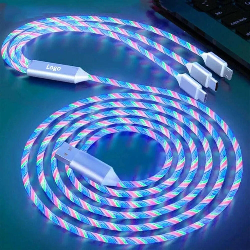 NNBILI Glowing LED Light USB 3 IN 1 cable Phone Fast Charging Charger Luminous Type C Cable For Xiaomi iPhone Phone Accessories.
