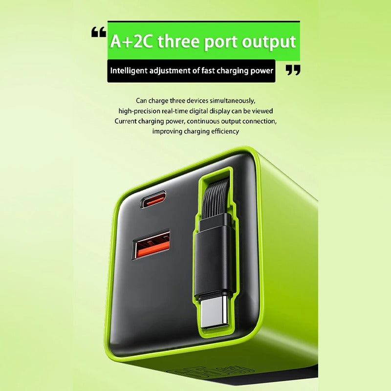 65W GaN Fast Charger Built-in Retractable Cable EU/US/UK Plug USB+2 Type-C 3 Ports Wall Charger For iPhone Huawei Samsung Xiaomi - Buglass