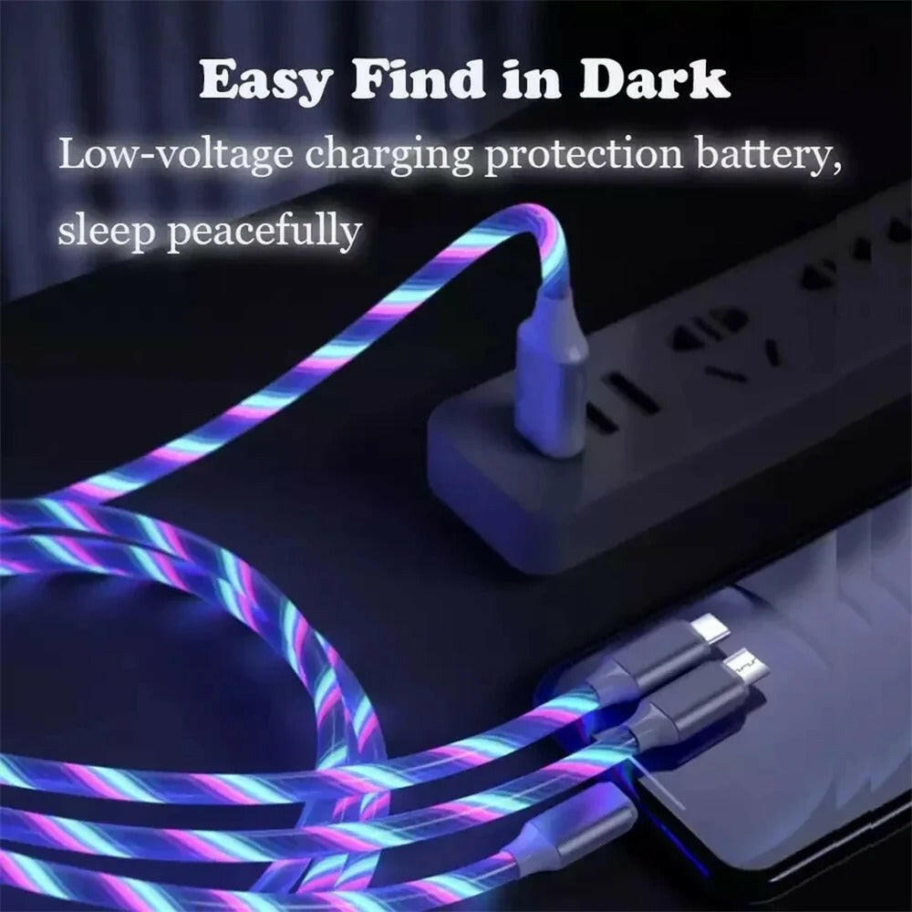 NNBILI Glowing LED Light USB 3 IN 1 cable Phone Fast Charging Charger Luminous Type C Cable For Xiaomi iPhone Phone Accessories.