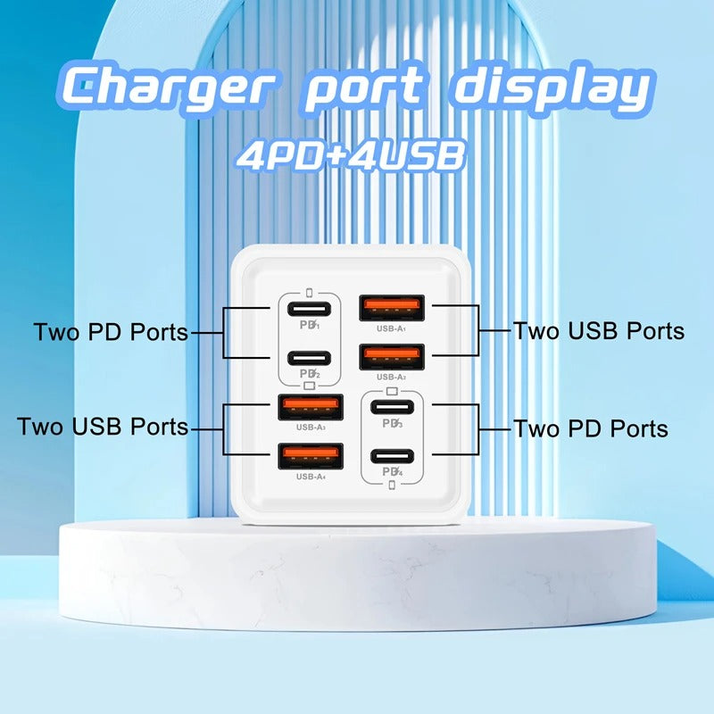 240W 8 Ports USB PD Phone Charger Super Fast Charging Adapter QC3.0 USB C Type C Mobile Phone Charger For iPhone Samsung Xiaomi