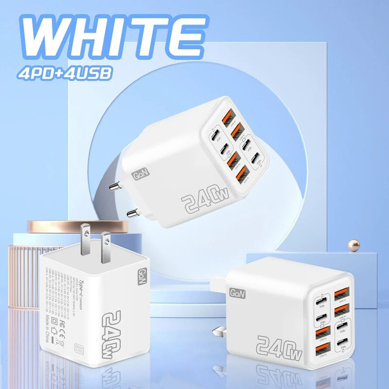 240W 8 Ports USB PD Phone Charger Super Fast Charging Adapter QC3.0 USB C Type C Mobile Phone Charger For iPhone Samsung Xiaomi