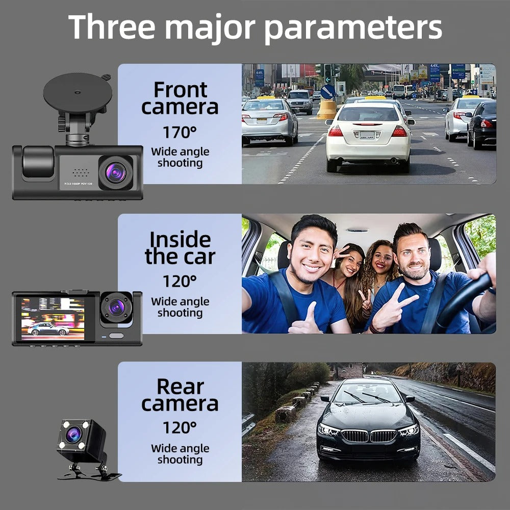 3 Channel Car Camera IR Night Vision 1080P 3-Lens Inside Vehicle Dashcam With 32GB Memory Card Loop Recording Car DVRs Camera - Buglass