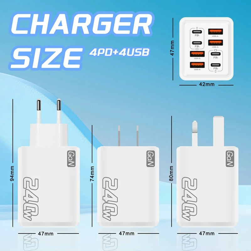 240W 8 Ports USB PD Phone Charger Super Fast Charging Adapter QC3.0 USB C Type C Mobile Phone Charger For iPhone Samsung Xiaomi