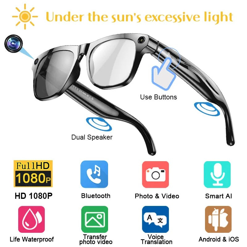 4K AI Smart Photochromic Glasses Multifunction Camera Bluetooth Call Voice Assistant Music Player Translate Glasses For Xiaomi - Buglass