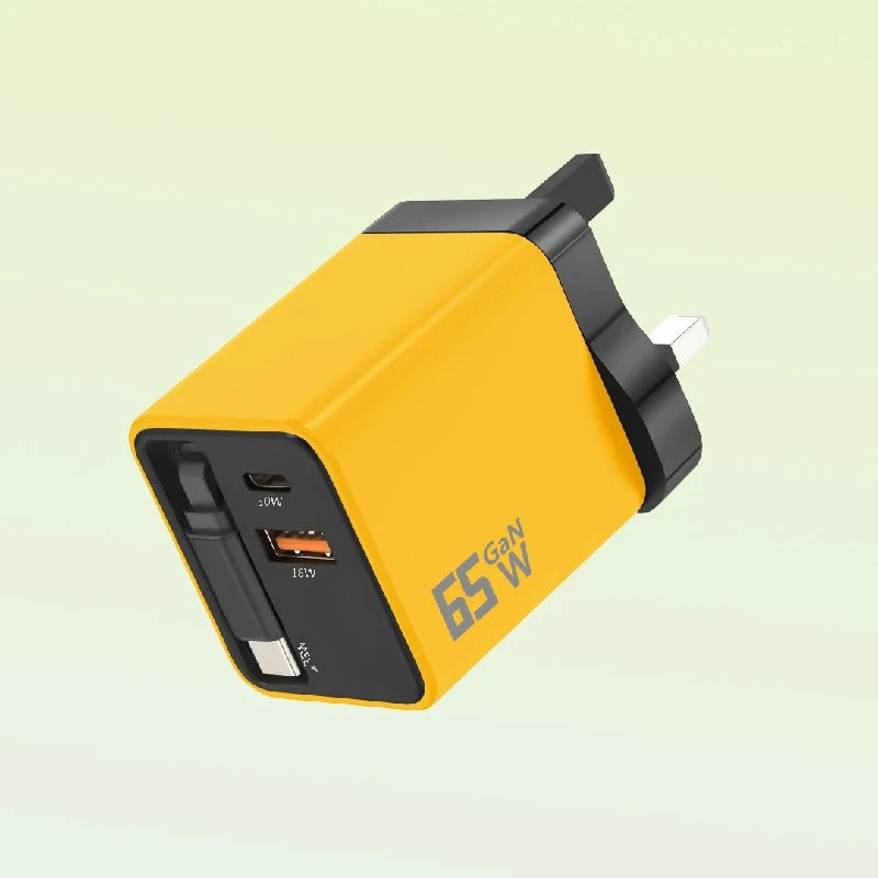 65W GaN Fast Charger Built-in Retractable Cable EU/US/UK Plug USB+2 Type-C 3 Ports Wall Charger For iPhone Huawei Samsung Xiaomi - Buglass