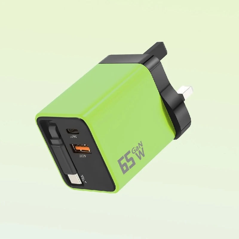 65W GaN Fast Charger Built-in Retractable Cable EU/US/UK Plug USB+2 Type-C 3 Ports Wall Charger For iPhone Huawei Samsung Xiaomi - Buglass