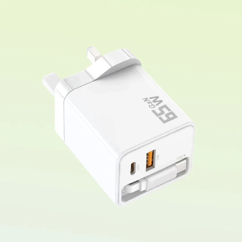 65W GaN Fast Charger Built-in Retractable Cable EU/US/UK Plug USB+2 Type-C 3 Ports Wall Charger For iPhone Huawei Samsung Xiaomi - Buglass