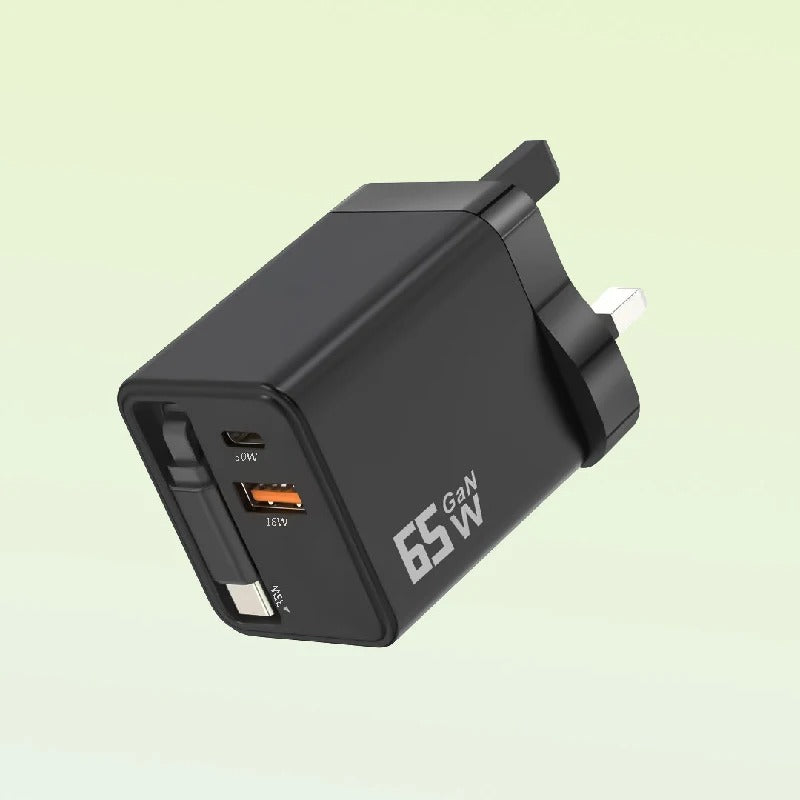 65W GaN Fast Charger Built-in Retractable Cable EU/US/UK Plug USB+2 Type-C 3 Ports Wall Charger For iPhone Huawei Samsung Xiaomi - Buglass