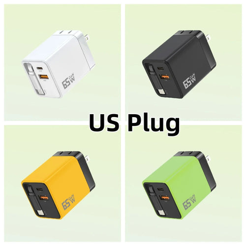 65W GaN 3 In 1 Charging Head Built-in Retractable Type-C Cable EU/US/UK Plug USB-C Fast Charger For iPhone Huawei Samsung Xiaomi - Buglass
