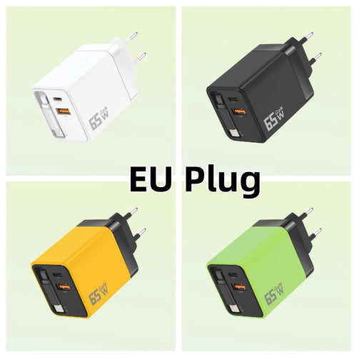 65W GaN 3 In 1 Charging Head Built-in Retractable Type-C Cable EU/US/UK Plug USB-C Fast Charger For iPhone Huawei Samsung Xiaomi - Buglass