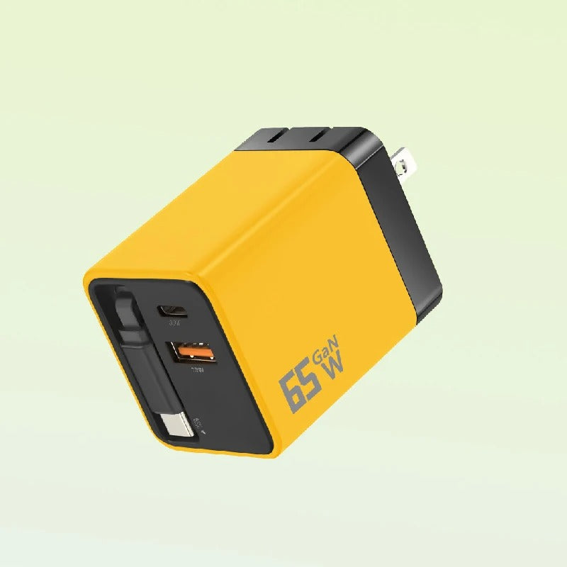 65W GaN Fast Charger Built-in Retractable Cable EU/US/UK Plug USB+2 Type-C 3 Ports Wall Charger For iPhone Huawei Samsung Xiaomi - Buglass