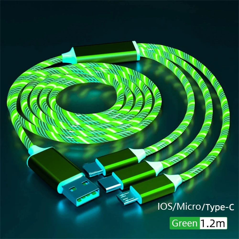 NNBILI Glowing LED Light USB 3 IN 1 cable Phone Fast Charging Charger Luminous Type C Cable For Xiaomi iPhone Phone Accessories.