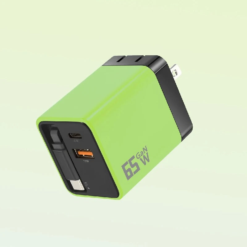 65W GaN Fast Charger Built-in Retractable Cable EU/US/UK Plug USB+2 Type-C 3 Ports Wall Charger For iPhone Huawei Samsung Xiaomi - Buglass
