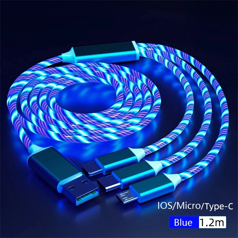 NNBILI Glowing LED Light USB 3 IN 1 cable Phone Fast Charging Charger Luminous Type C Cable For Xiaomi iPhone Phone Accessories.
