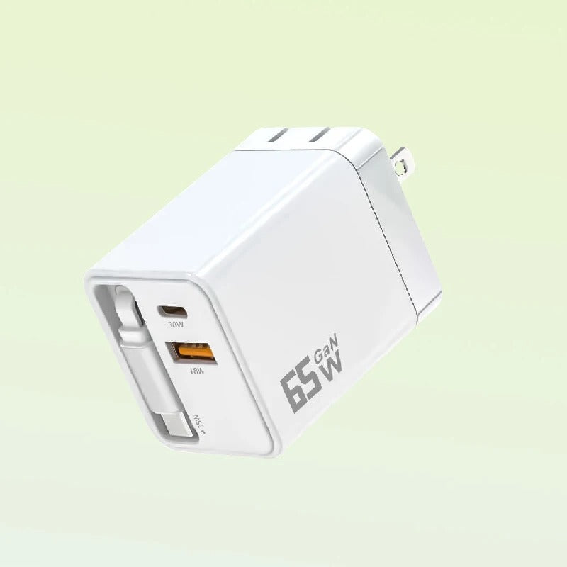 65W GaN Fast Charger Built-in Retractable Cable EU/US/UK Plug USB+2 Type-C 3 Ports Wall Charger For iPhone Huawei Samsung Xiaomi - Buglass