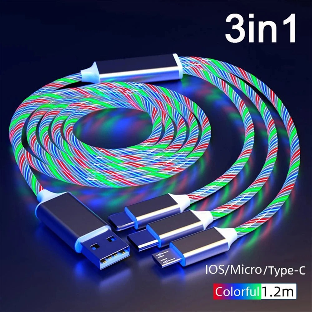 NNBILI Glowing LED Light USB 3 IN 1 cable Phone Fast Charging Charger Luminous Type C Cable For Xiaomi iPhone Phone Accessories.