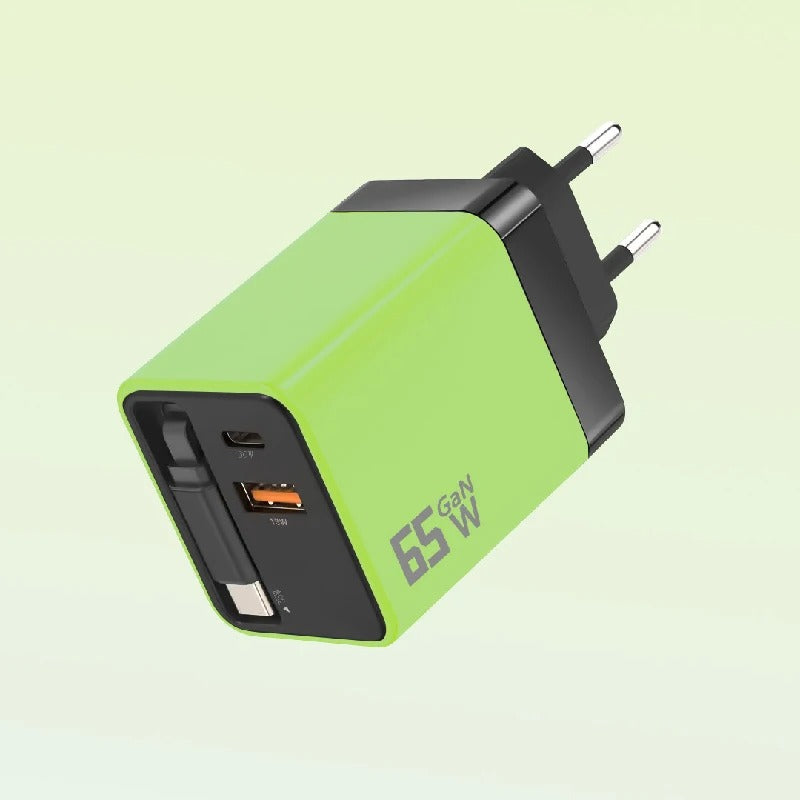 65W GaN Fast Charger Built-in Retractable Cable EU/US/UK Plug USB+2 Type-C 3 Ports Wall Charger For iPhone Huawei Samsung Xiaomi - Buglass