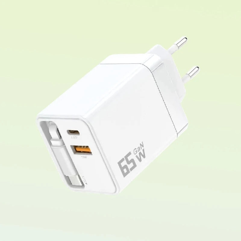 65W GaN Fast Charger Built-in Retractable Cable EU/US/UK Plug USB+2 Type-C 3 Ports Wall Charger For iPhone Huawei Samsung Xiaomi - Buglass