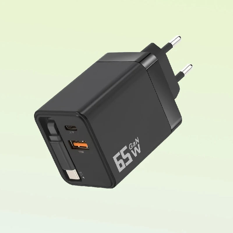 65W GaN Fast Charger Built-in Retractable Cable EU/US/UK Plug USB+2 Type-C 3 Ports Wall Charger For iPhone Huawei Samsung Xiaomi - Buglass